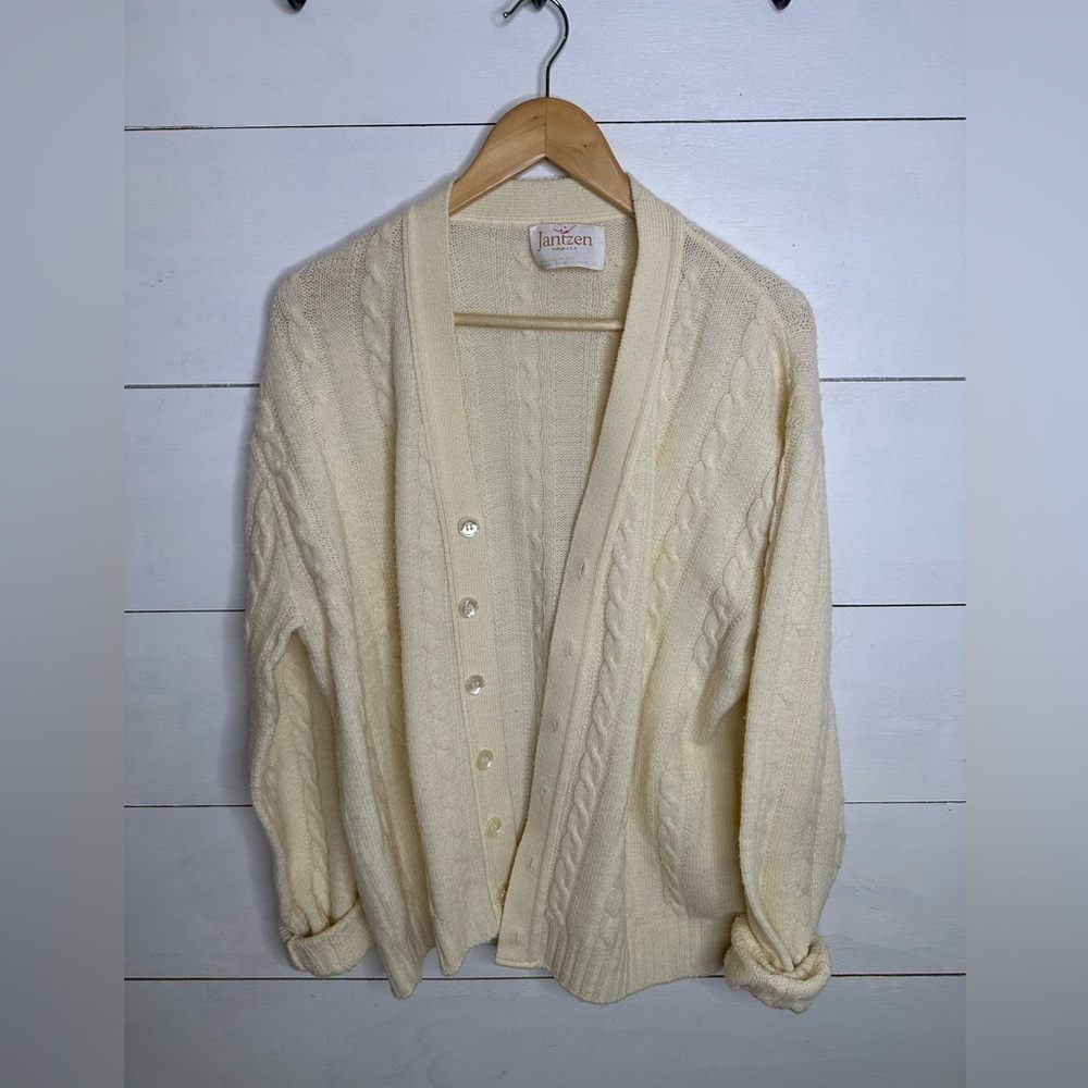 Vintage Jantzen Cable Knit Cardigan Sweater XL Cream Made in USA